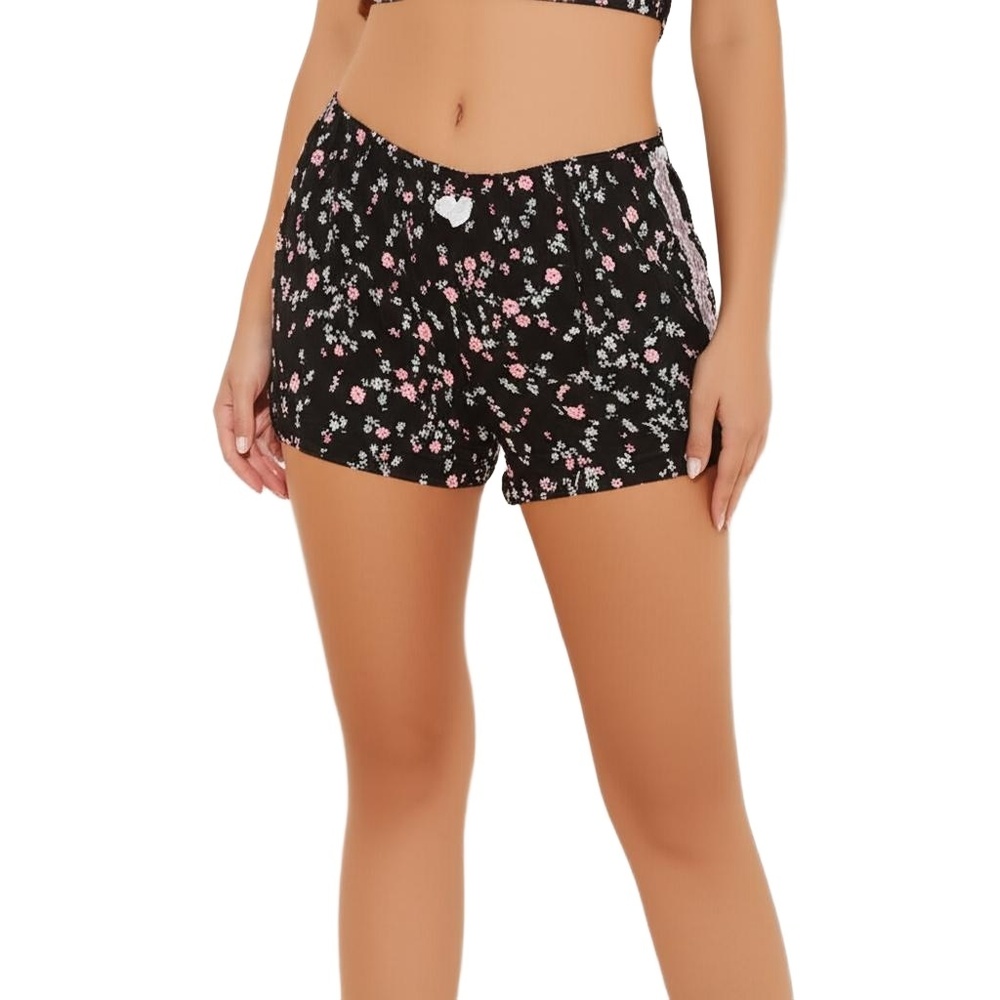 Womens Shorty Shorts Black Floral Lace‎ Trim Elastic Waist Cozy Size Medium